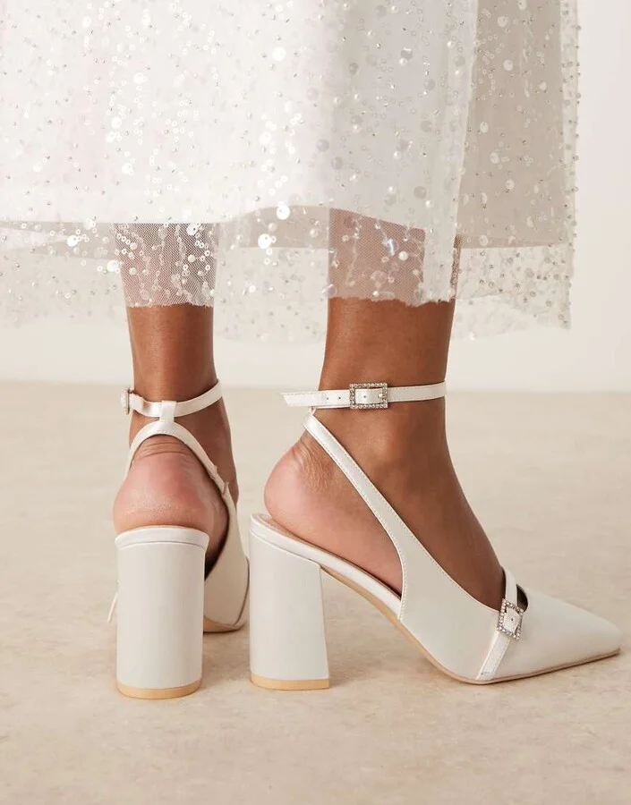 Be Mine Harriot high block heeled pumps with buckle detail in satin ivory - Image 4