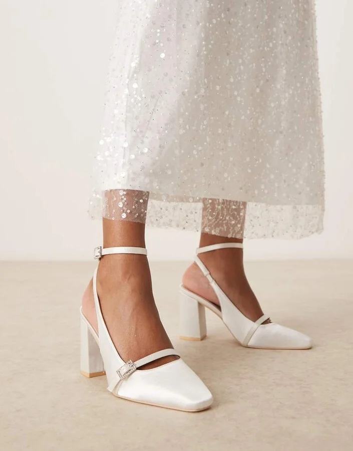 Be Mine Harriot high block heeled pumps with buckle detail in satin ivory
