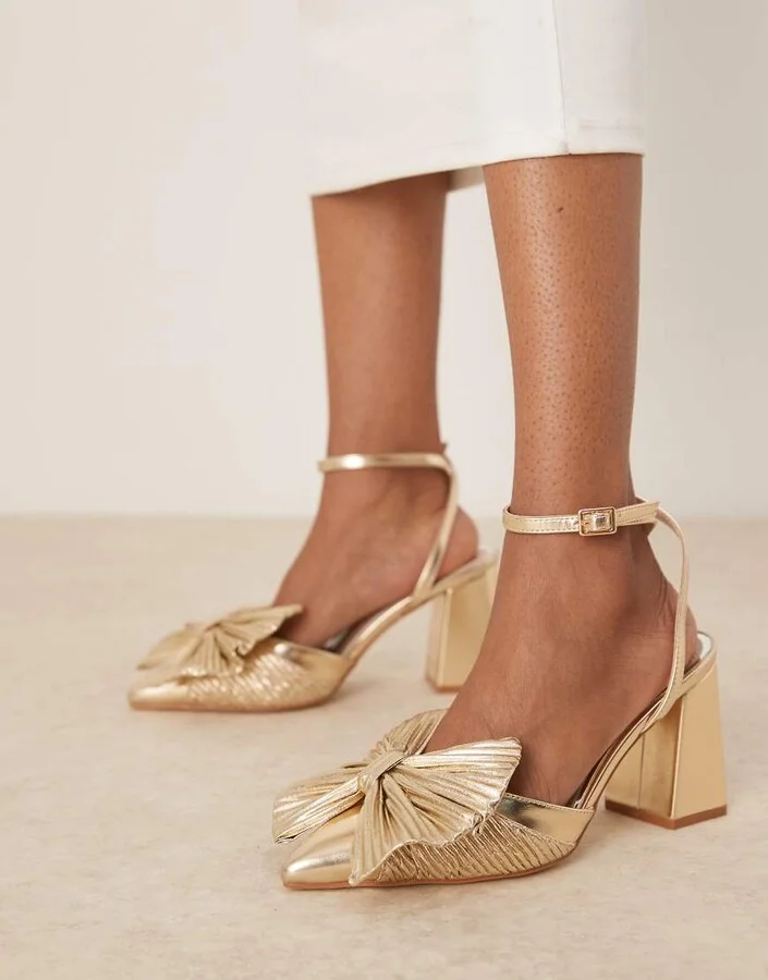 Be Mine Sierra heeled pumps with bow detail in satin gold - Image 4