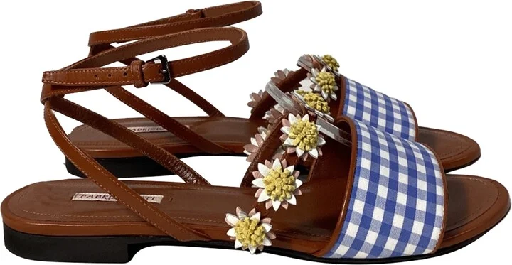 Bea Floral-Appliqué Gingham Sandals in Blue Leather