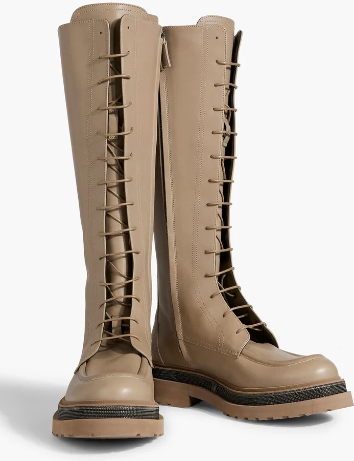 Bead-embellished lace-up leather knee boots - Image 2