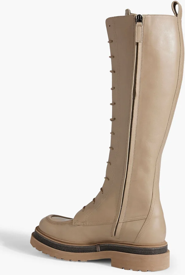 Bead-embellished lace-up leather knee boots - Image 3