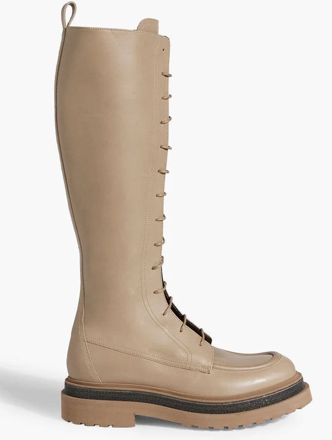 Bead-embellished lace-up leather knee boots