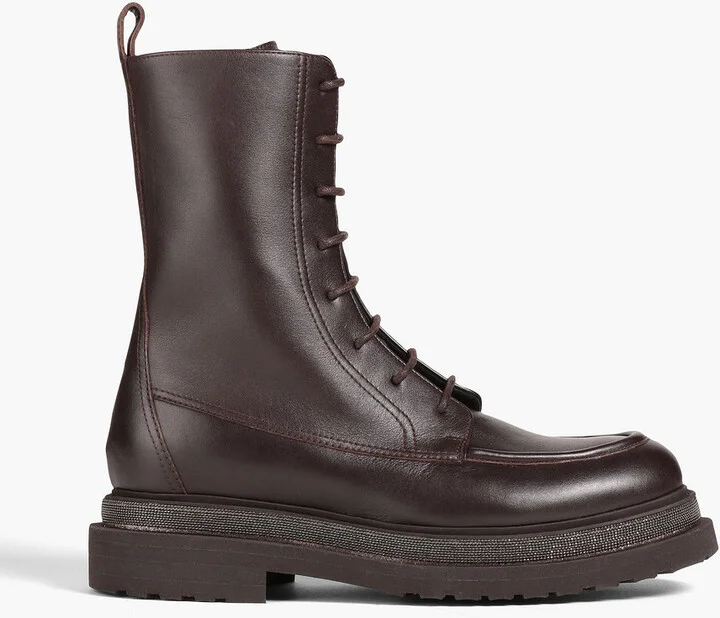 Bead-embellished leather combat boots