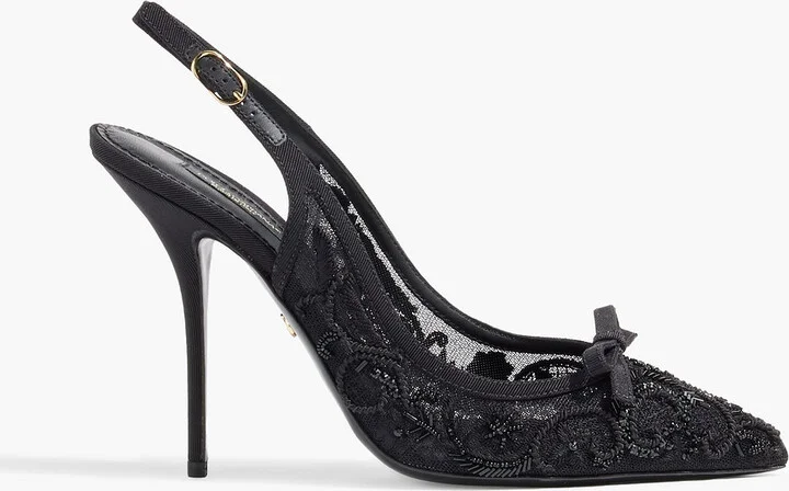 Bead-embellished mesh slingback pumps