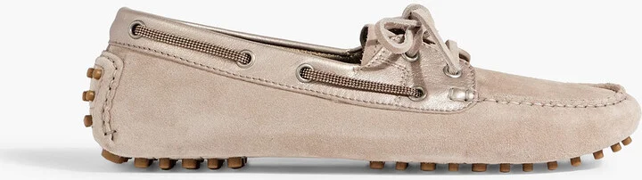Bead-embellished metallic leather and suede loafers