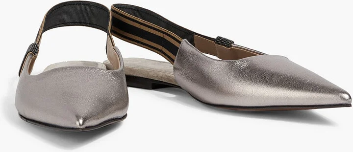 Bead-embellished metallic textured-leather point-toe flats - Image 2