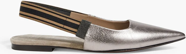 Bead-embellished metallic textured-leather point-toe flats