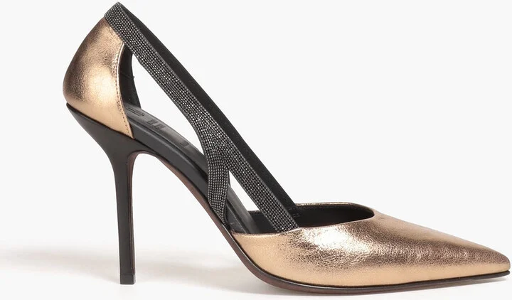 Bead-embellished mirrored-leather pumps