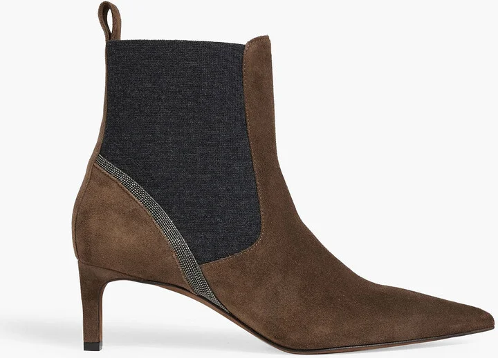 Bead-embellished suede ankle boots