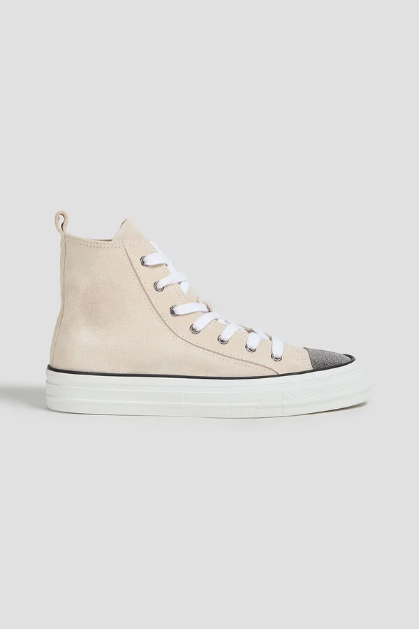 Bead-embellished suede high-top sneakers