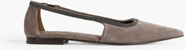 Bead-embellished suede point-toe flats