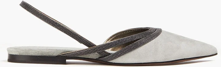 Bead-embellished suede slingback point-toe flats