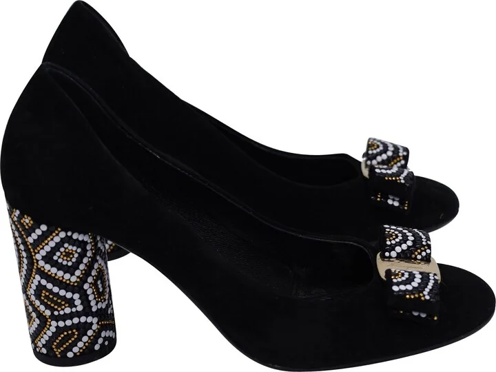 Beaded Heel Vara Bow Pumps in Black Suede
