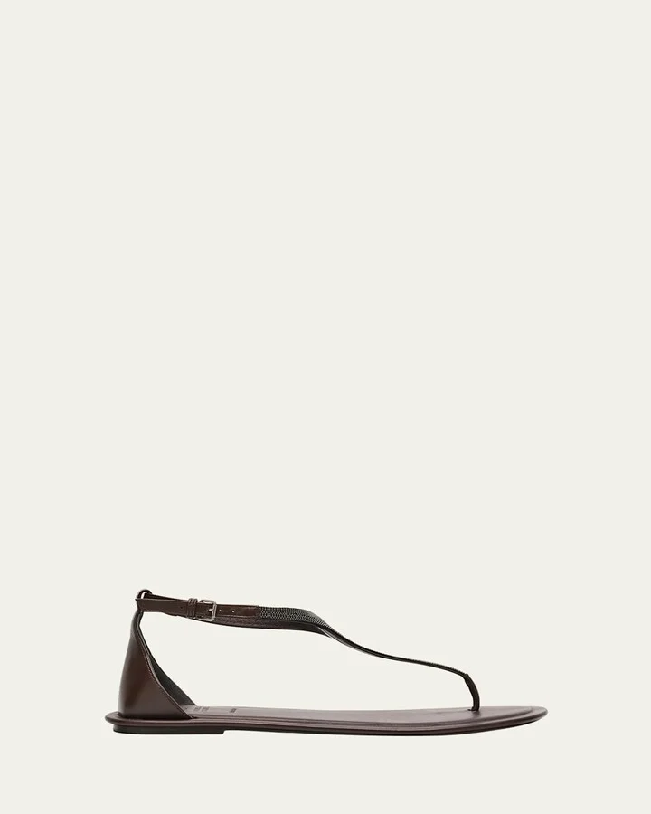 Beaded Leather T-Strap Sandals