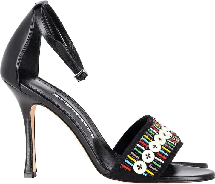 Beaded Open-Toe Sandals in Black Leather