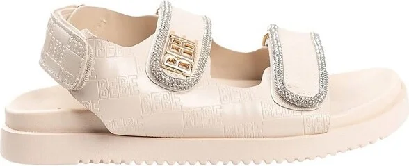 bebe Women's Adjustable Velcro Straps Sport Sandals with Rhinestone Trim and Logo Rivet, Nude, - Image 2
