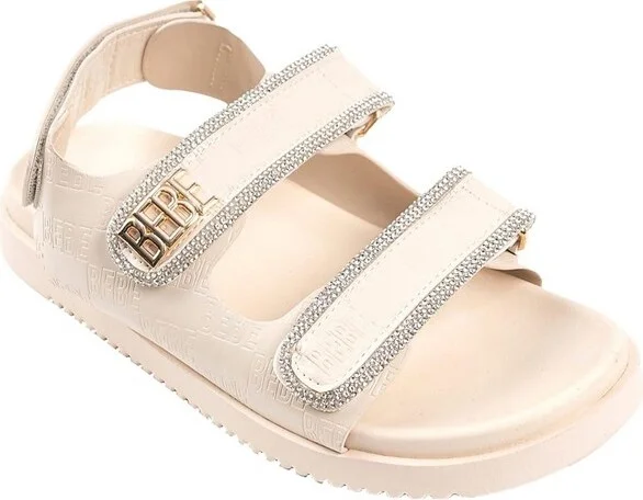 bebe Women's Adjustable Velcro Straps Sport Sandals with Rhinestone Trim and Logo Rivet, Nude, - Image 4