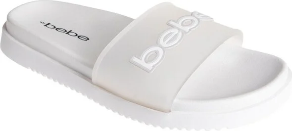 bebe Women's Casual Pool Slide Sandals with Translucent Upper and Logo Patch, White,