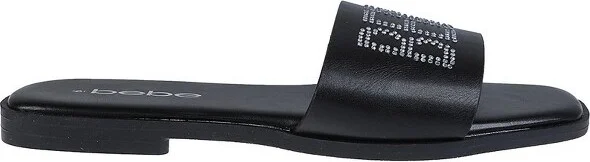 bebe Women's Casual Slip-On Sandals Slide Sandals with Rhinestone Logo Strap, Black, - Image 2