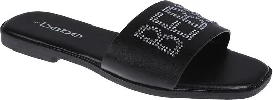 bebe Women's Casual Slip-On Sandals Slide Sandals with Rhinestone Logo Strap, Black,