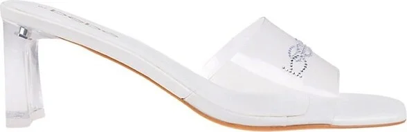 bebe Women's Clear Heeled Sandals - Dress Mules with Lucite Heel and Logo Rivets, White, - Image 2