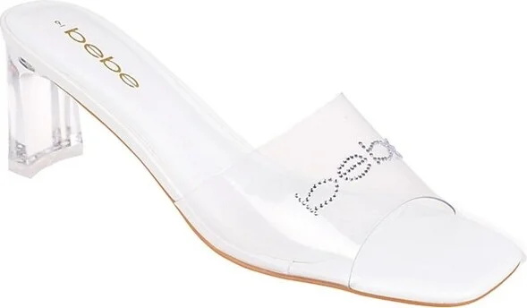 bebe Women's Clear Heeled Sandals - Dress Mules with Lucite Heel and Logo Rivets, White,