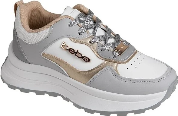 bebe Women's Fashion Lace-Up Platform Shoes Chunky Sneakers with Mixed Material Upper and Logo Rivet, Grey Multi,