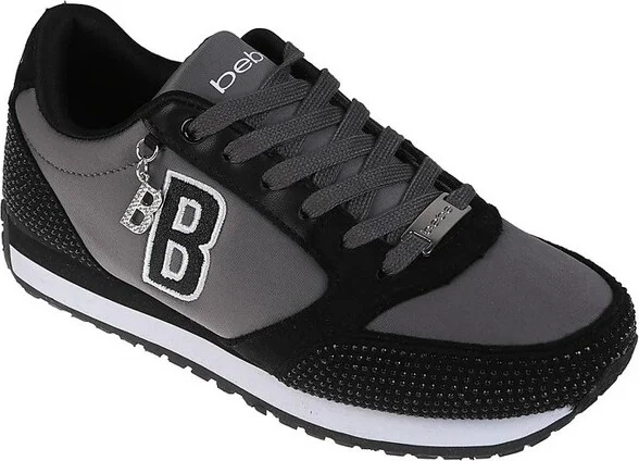 bebe Women's Fashion Lace-Up Shoes - Embellished Sneakers with Logo Dangle Charm, Black Gray,