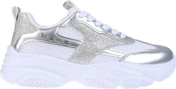 bebe Women's Fashion Platform Lace-Up Shoes - Chunky Sneakers with Mesh & Rhinestone Accents, Silver, - Image 2