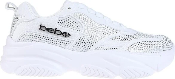 bebe Women's Fashion Platform Lace-Up Shoes - Chunky Sneakers with Mesh & Rhinestone Accents, Silver, - Image 4