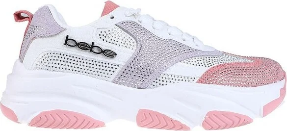 bebe Women's Fashion Platform Lace-Up Shoes - Chunky Sneakers with Mesh & Rhinestone Accents, Silver, - Image 5
