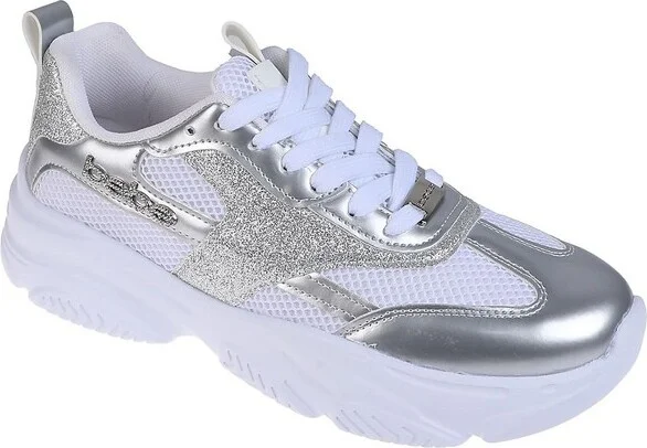 bebe Women's Fashion Platform Lace-Up Shoes - Chunky Sneakers with Mesh & Rhinestone Accents, Silver,