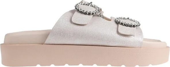 bebe Women's Fashion Slip-On Platform Slide Sandals with Rhinestone Buckles and Dangle Charm, Cream, - Image 2