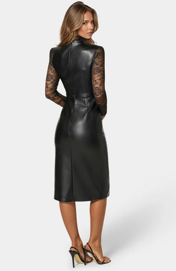 Bebe Women's Faux Leather Lace Illusion Midi Dress - Image 3