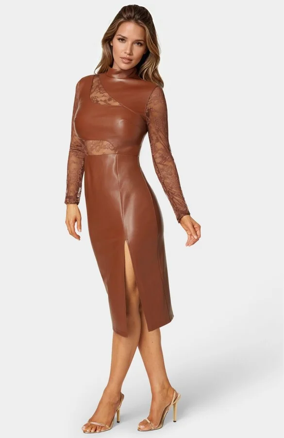 Bebe Women's Faux Leather Lace Illusion Midi Dress - Image 4