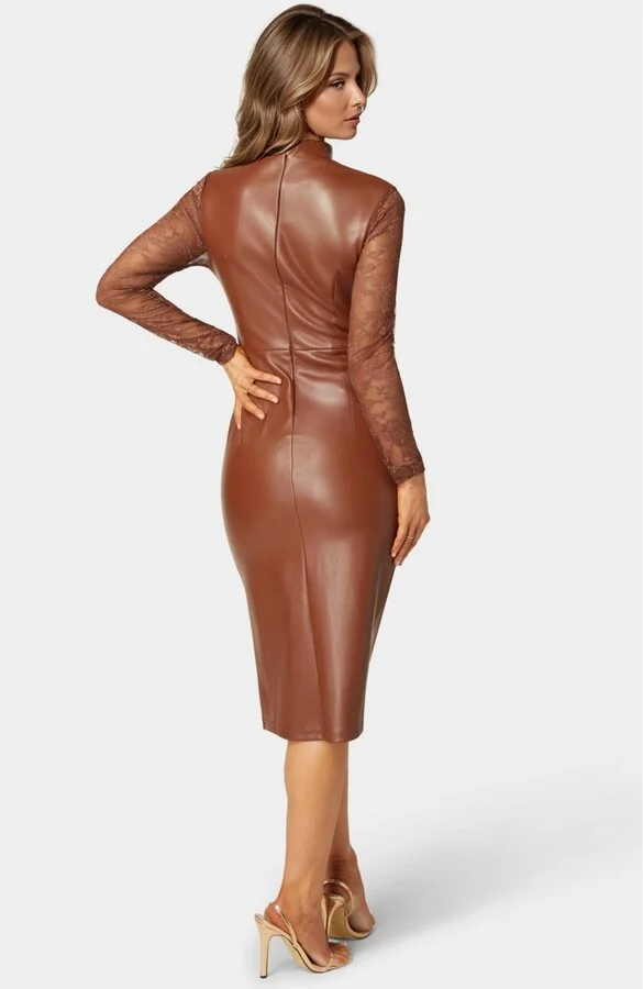 Bebe Women's Faux Leather Lace Illusion Midi Dress - Image 5
