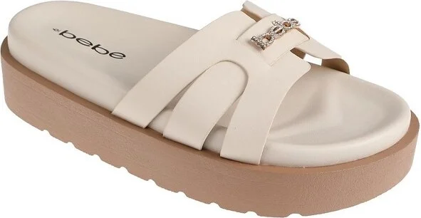 bebe Women's Platform Slide Sandals - Slip-On Shoes with Interlocking Straps and Rhinestone Detail, Oatmeal,