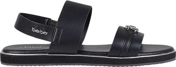 bebe Women's Sandals - Double Strap Casual Flat Sandals with Slingback and Logo Hardware, Black, - Image 2