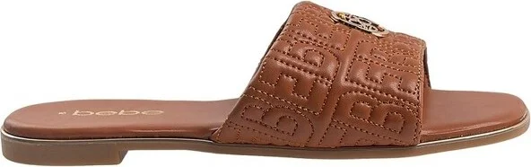 bebe Women's Sandals - Slip-On Flats Quilted Slide Sandals with Metal Logo Medallion, Cognac, - Image 2