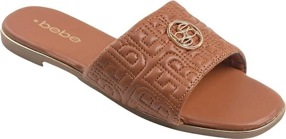 bebe Women's Sandals - Slip-On Flats Quilted Slide Sandals with Metal Logo Medallion, Cognac,