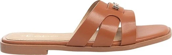bebe Women's Slide Sandals - Slip-On Comfort with Rhinestone, Pearl, and Logo Embellished Straps - Casual Flat Sandals, Cognac - Plain, - Image 2