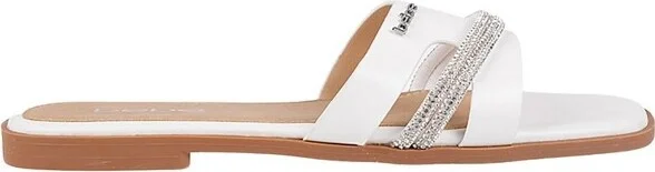 bebe Women's Slide Sandals - Slip-On Comfort with Rhinestone, Pearl, and Logo Embellished Straps - Casual Flat Sandals, Cognac - Plain, - Image 3