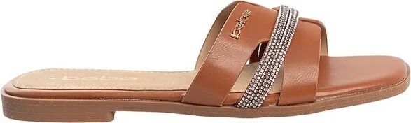 bebe Women's Slide Sandals - Slip-On Comfort with Rhinestone, Pearl, and Logo Embellished Straps - Casual Flat Sandals, Cognac - Plain, - Image 6