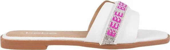 bebe Women's Slide Sandals - Slip-On Comfort with Rhinestone, Pearl, and Logo Embellished Straps - Casual Flat Sandals, Cognac - Plain, - Image 7