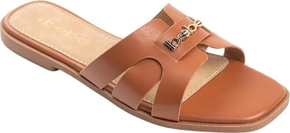 bebe Women's Slide Sandals - Slip-On Comfort with Rhinestone, Pearl, and Logo Embellished Straps - Casual Flat Sandals, Cognac - Plain,