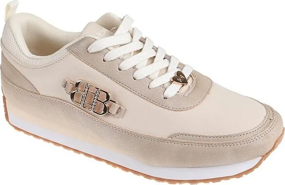 bebe Women's Sneakers with Chunky Sole, Mixed Materials & Logo Ornament – Stylish Lace-Up Shoes, Tan,