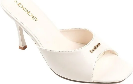 bebe Womens' Stiletto Mule Heels - High Heel Slip-On Sandals with Logo Rivet, White,