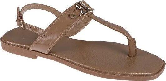 bebe Women's Thong Sandals - Flat Summer Sandals with Ankle Strap and Double B Logo, Tan,