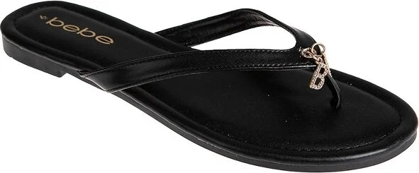 bebe Women's Thong Sandals - Flip Flop Flat Summer Slides Sandals with Double B Charm, Black,